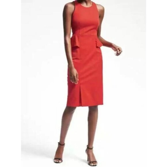 Banana Republic Red Orange Peplum Sleeveless Sheath Dress Career Cocktail Size 8 - Picture 1 of 7